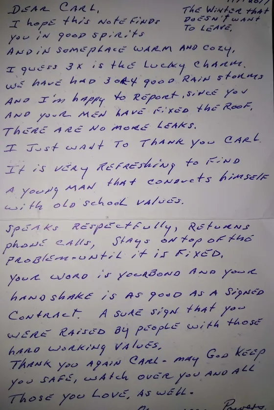 Handwritten thank-you letter to Carl from a roofing customer