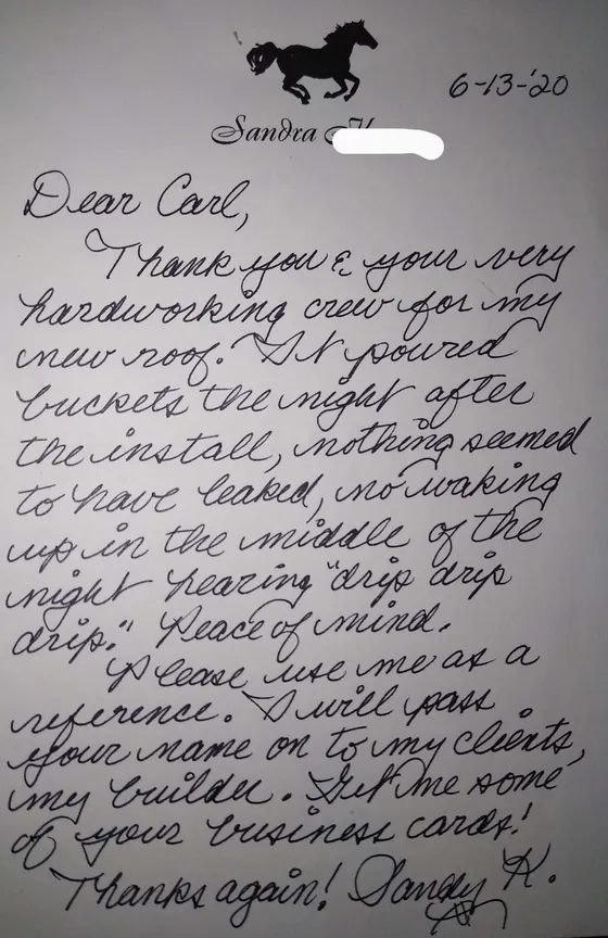 Handwritten thank-you letter from a roofing customer